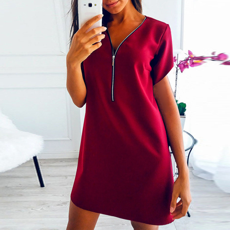 Zipper V Neck Short Sleeve Solid Dress Loose Straight Fashion Elegant Feminina Vestidos Casual Women Summer Dress, Black
Zipper V Neck Short Sleeve Solid Dress Loose Straight Fashion Elegant Feminina Vestidos Casual Women Summer Dress, Black