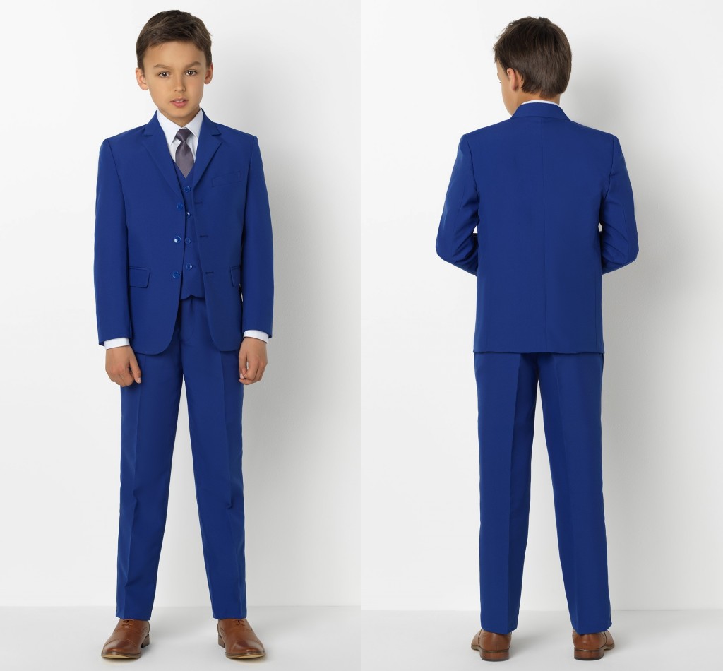 Handsome Kids Formal Wear Blue Peaked Lapel 3 Pieces Wedding Tuxedos High Quality Boy's Formal Wear Pant Suits