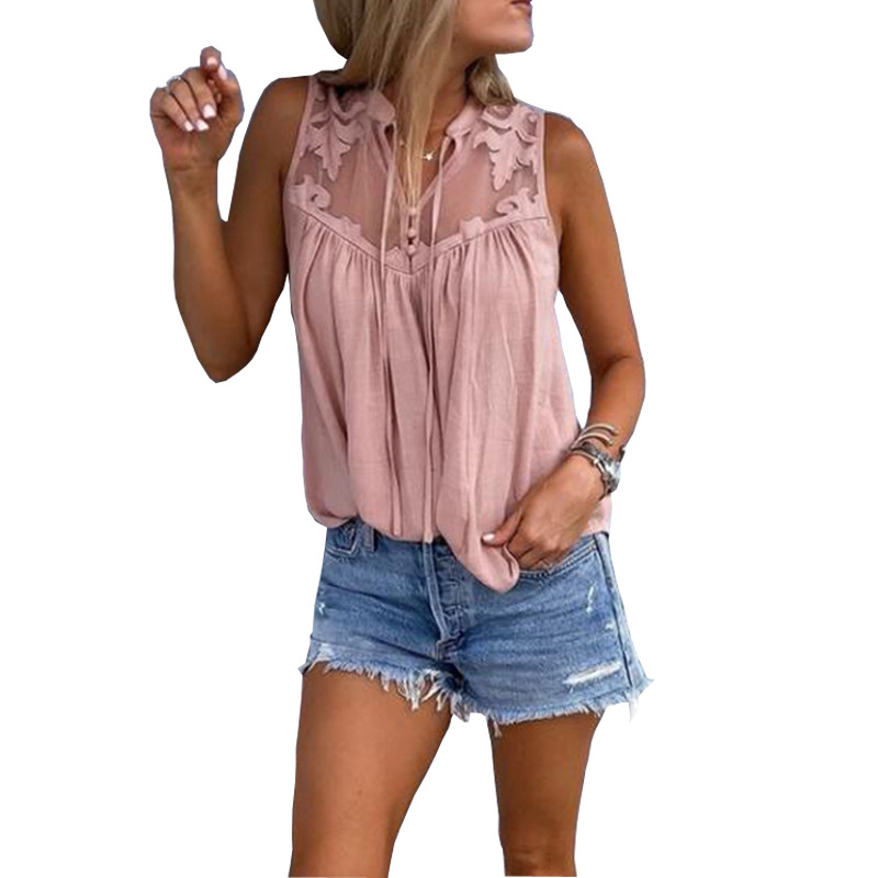 Office Ladies Stitching Lace Chiffon V-neck Sleeveless Shirt Women Casual European&American Solid Sexy Slim Blouse 2019