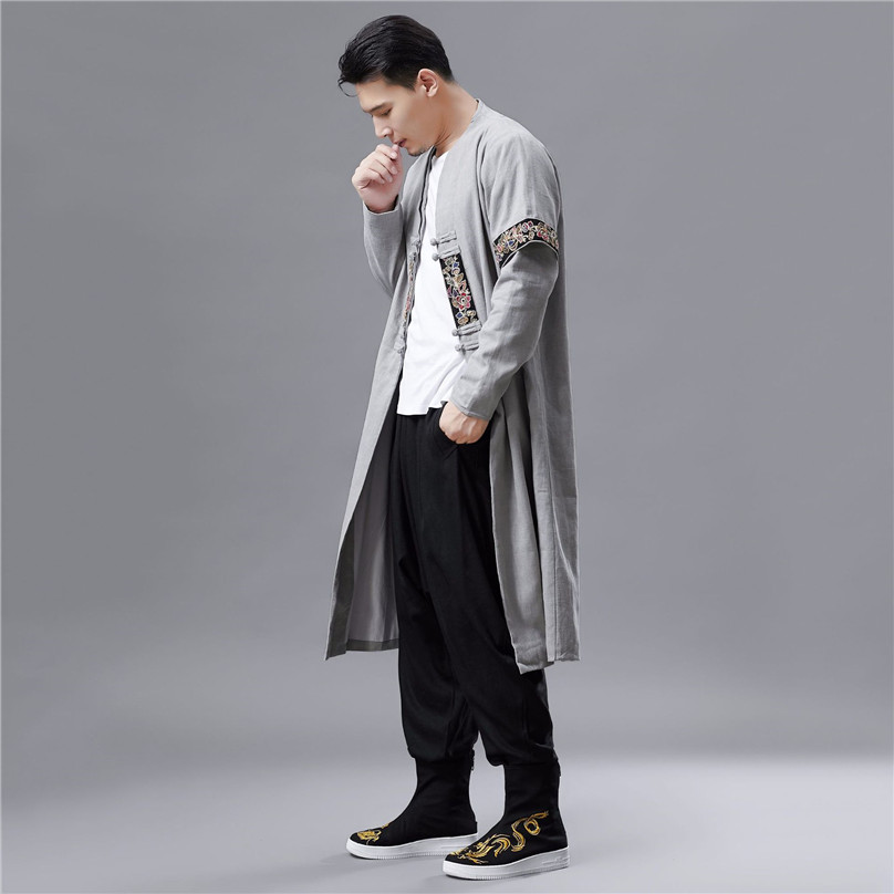 2019 Spring Autumn New Double Collar Long Sleeve T-shirt Men's Retro Fashion Long-style Chinese National Clothing Classic Design
