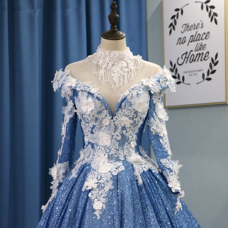 Luxury Lace Beaded High Neck Ball Gown Prom Dresses Spark Glitter Saudi Arabic Light Blue Women Evening Gowns Robe De Soiree
