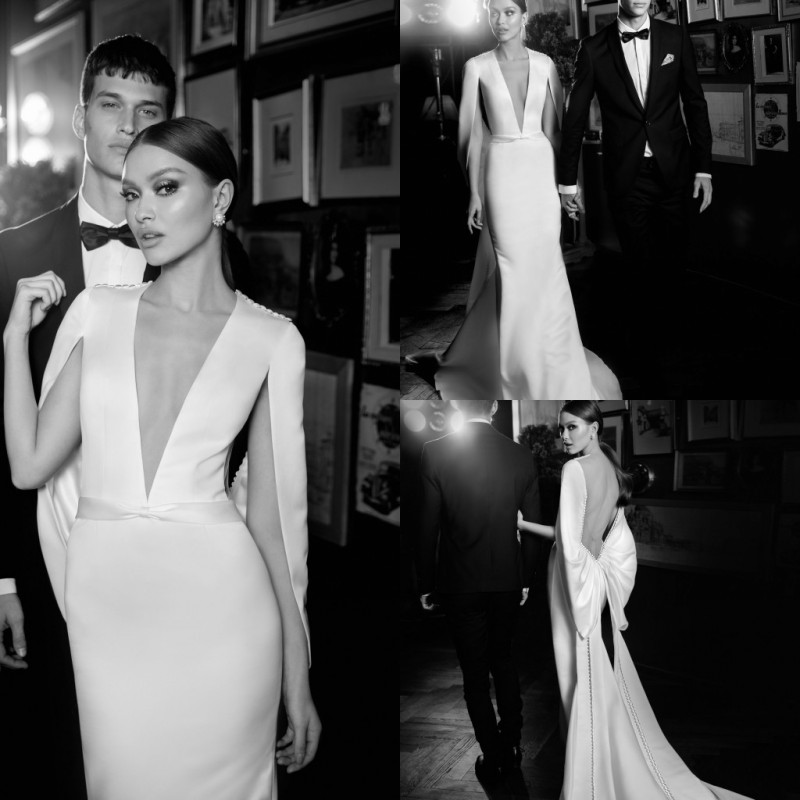 elihav sasson mermaid evening dresses with cape sleeve white big bow back formal prom gowns sexy deep v neck party dress
