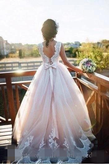 Blush Dresses Lace Scalloped Neckline Tulle Applique Corset Back Ribbon Sash Custom Made Wedding Gown Vestido De Novia