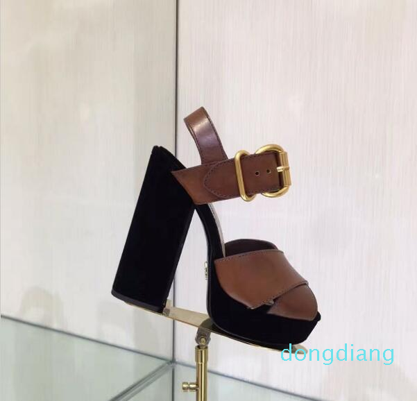 Hot Sale-nuine Leather Velvet Women HIgh Heel Sandals Buckle Strap Platform Women Thick Heel Pumps Shoes Women