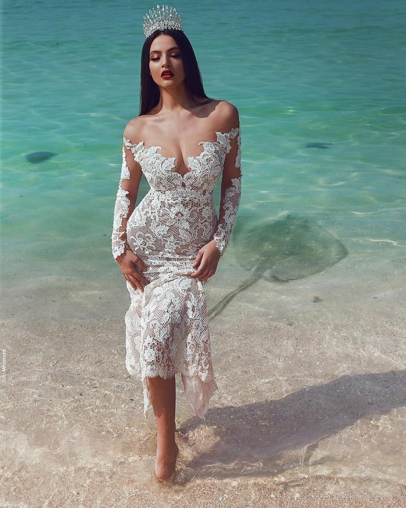 Gorgeous Mermaid Wedding Dresses With Detachable Train Off Shoulder Lace Long Sleeve Bridal Gowns Plus Size Beach Wedding Dress