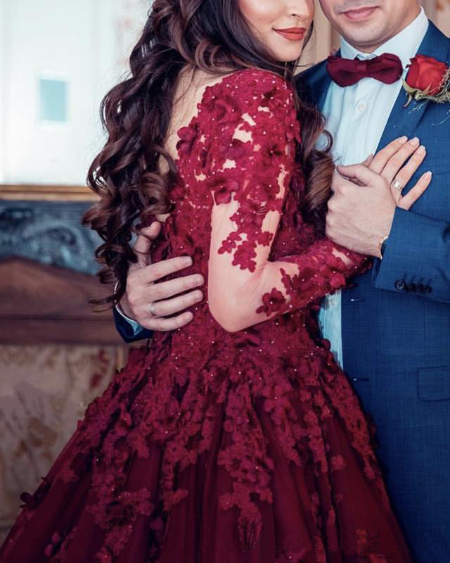 Setwell Burgundy Jewel Sheer Neck A-line Prom Dresses Long Sleeves Beaded Pleated Lace Appliques Flowers Party Evening Gowns