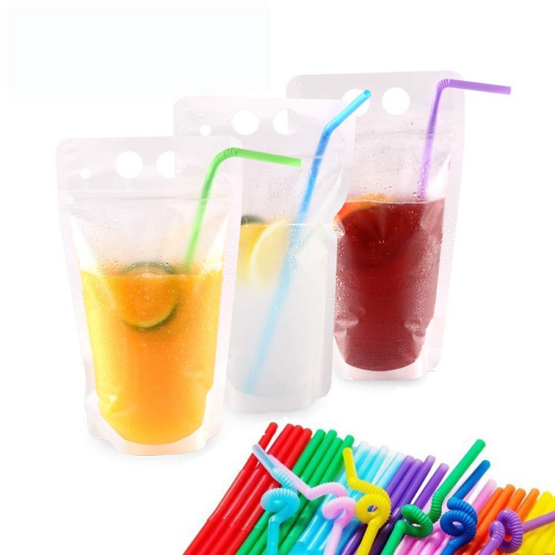 50pcs 500ml Juice Drink Bag with Straws Vertical Zipper Frosted Transparent Bag for Home Drinks Candy Beans Nut
