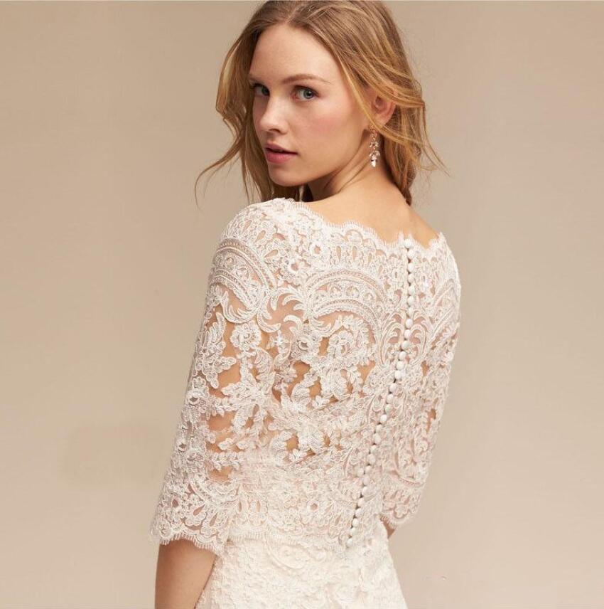 BHLDN 2019 Bohemian Wedding Jacket White Ivory Bolero 3/4 Sleeve Lace Applique Elegant Wraps Shrug Bridal Jacket Custom Made