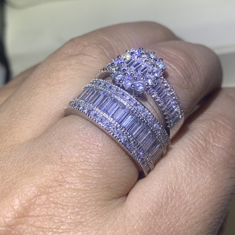 Exquisite Handmade Sterg Sier White Topaz CZ Dia Wedding Ring Set for Women