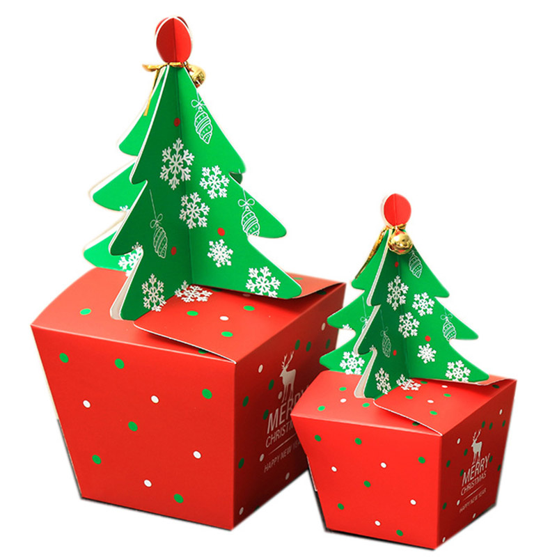 20 Pcs Lot Christmas Tree Shape Gift Box With Tied Bells 3D Candy Box Package Cartoon Printed Craft Red Wrapping Paper Box293v8085446