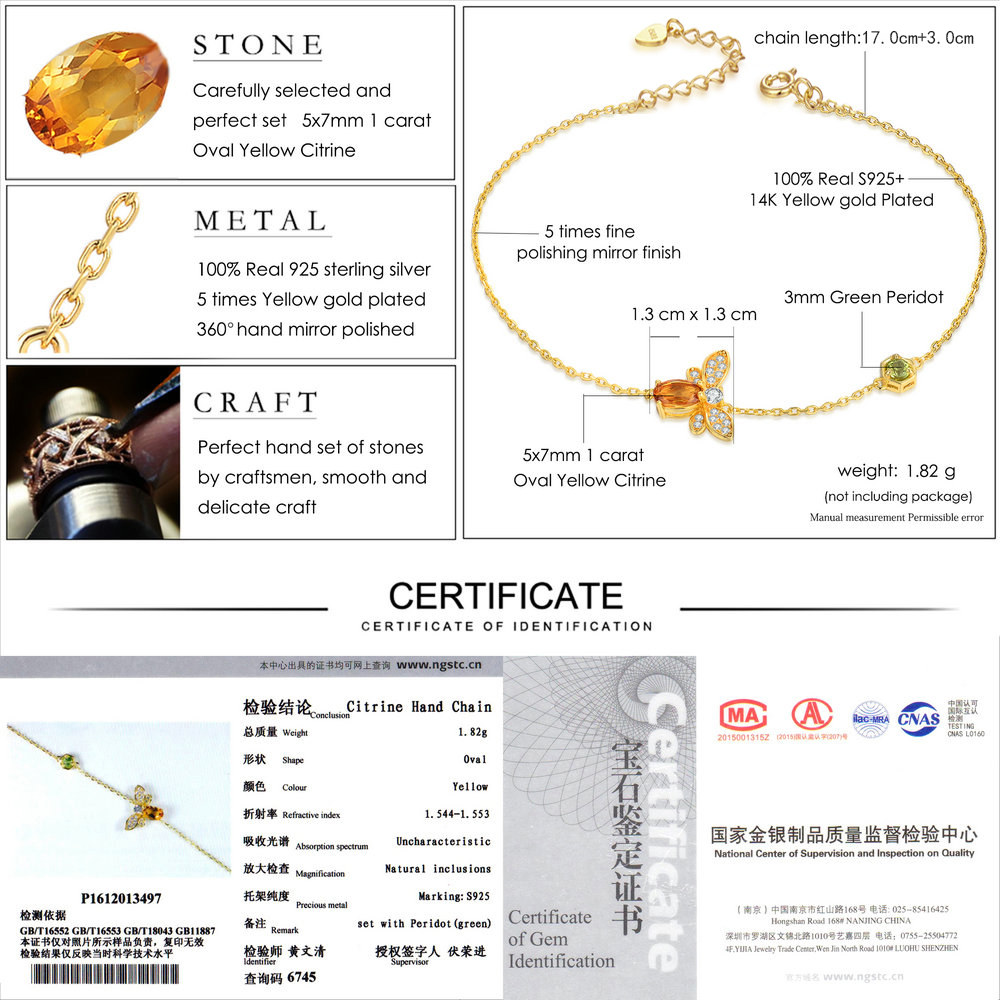 LAMOON Cute Bee 925 Sterling Silver Bracelet Woman love Citrine Gemstones Jewelry 14K Gold Plated Designer Jewellery LMHI002 CX200702