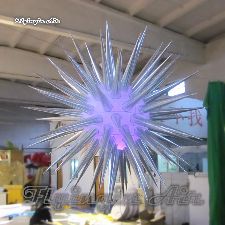 Personalized Lighting Inflatable Star Balloon 2m Silvery Hanging Air Blown Sea Urchin Model Ballon For Concert And Club Party Decoration