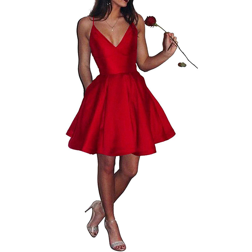 V Neck Satin Short Homecoming Dresses Sexy Spaghetti Straps A Line Knee Length Formal Party Gowns Short Prom Dresses BM0448