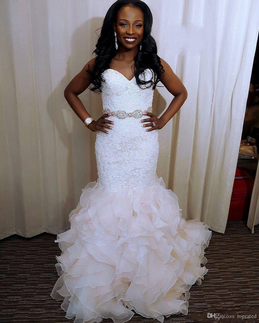 Beaded Sweetheart Sexy Mermaid Dresses Ruffles Back Covered Buttons Bridal Gowns Lace And Tulle Wedding Dress Vestidos De Noiva