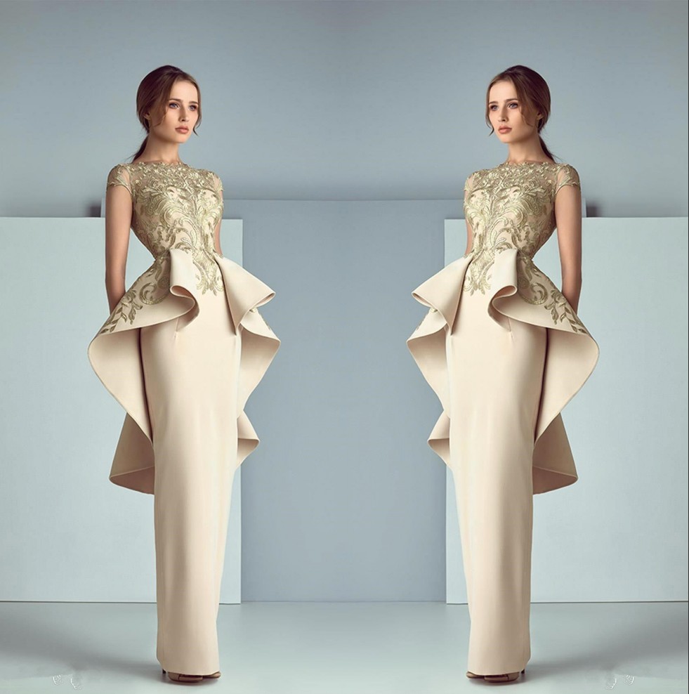 Elegant Cap Sleeves Satin Sheath Evening Dresses Lace Applique Layered Ruffles Peplum Floor Prom Party Gowns Celebrity Dresses BC1571