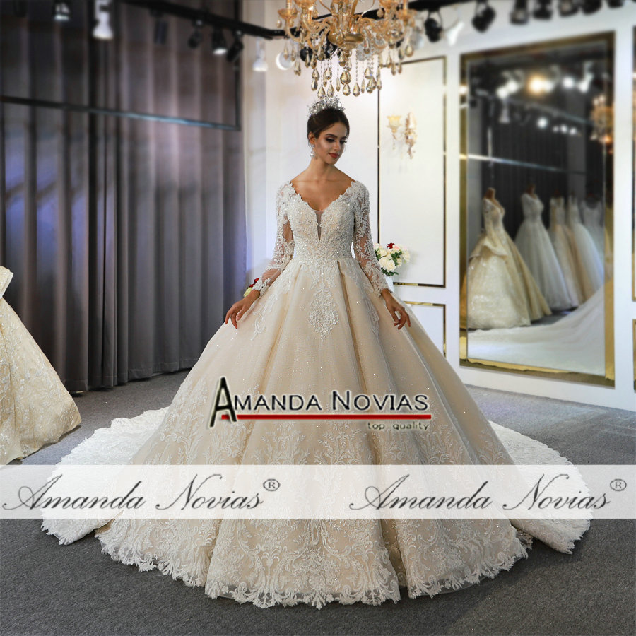 Light Champagne V Neck Crystal Lace Ball Wedding Dresses Muslim Long Sleeves Open Back Plus Size Bridal Gown Real Pictures BC