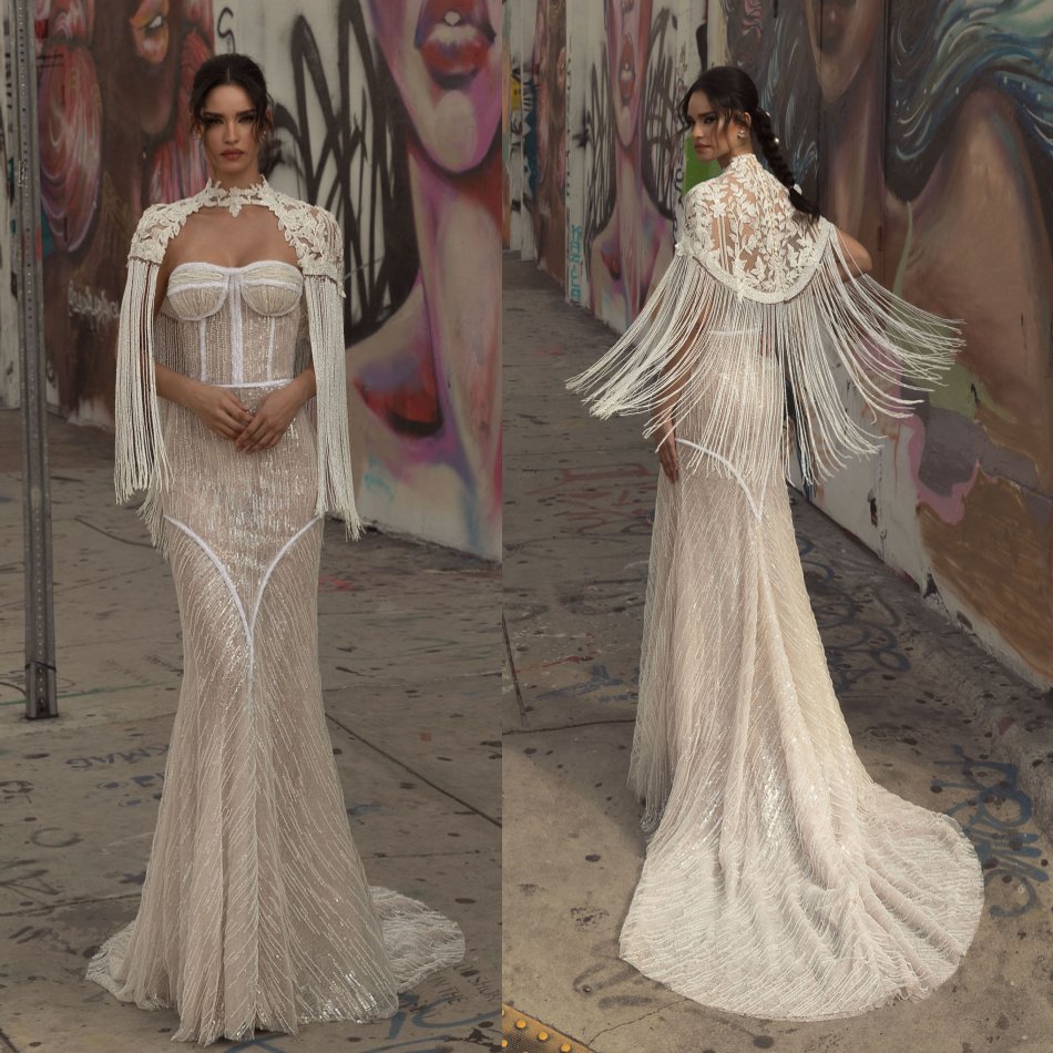 Crystal Design Mermaid Wedding Dresses With Applique Tassel Wrap Bridal Dresses Lace Sequins Strapless Bridal Gowns Vestidos De Novia
