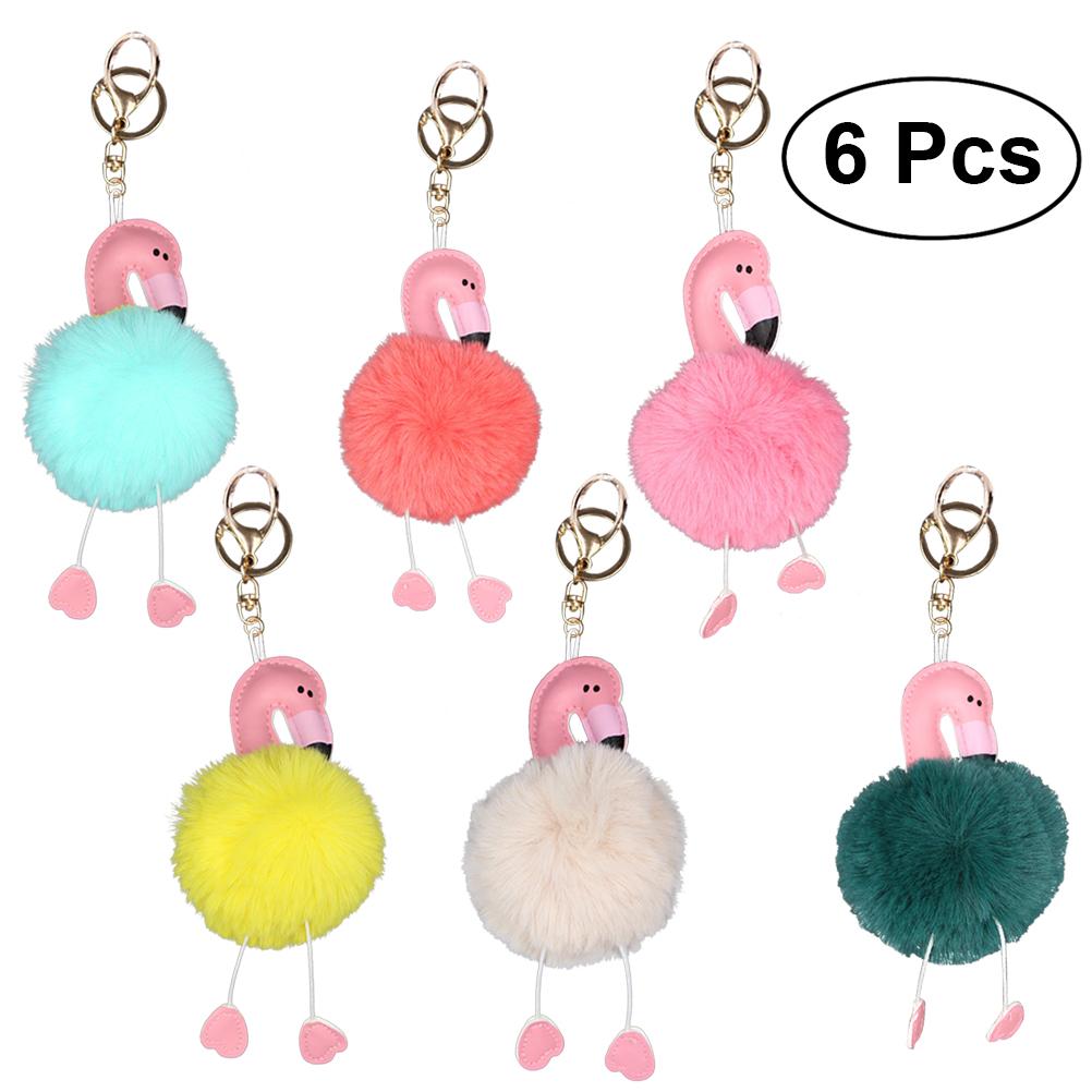 6pcs Fluffy Key Ring Plush Animal Flamingo Keychain Ring Hanging Decoration Pendant Charm Keyring Jewelry (Random Color )