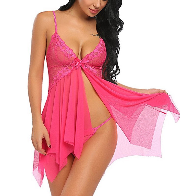 Women Multicolor S-XXL Sexy Open Front Floral Lace Cups Mesh Irregular Hem Babydoll Chemise with Satin Bow Accent Sheer Lingerie Panty Set