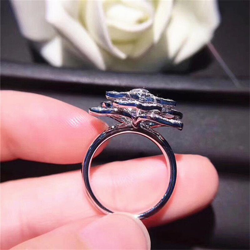 Sparkling Handmade Luxury Jewelry 925 Sterling Silver Round Cut White Topaz CZ Diamond Promise Party Women Wedding Rose Flower Band Ring