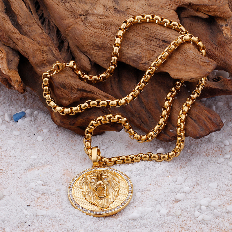 316L Stainless Steel Lion Head Round Pendants Necklace Men's Hip Hop Jewelry Cubic Zirconia 18K Gold Plated with 6mm Chain