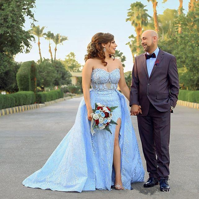 Dubai Sky Blue Prom Dresses Plus Size Lace Overskirt Side Split Celebrity Dress Sweetheart robes de mariée Custom Made Evening Gowns