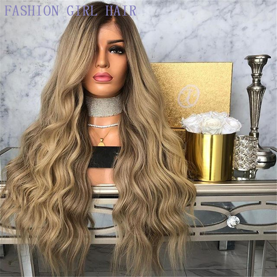 

Side part dark roots Ombre blonde brazilian full lace front wig body wave Synthetic Wig Heat Resistant Natural Hairline For White Women, Ombre color