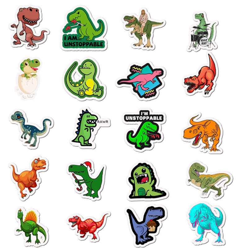 50pcs/Set Cute Cartoon Dinosaurs Tyrannosaurus Waterproof Stickers For Pencil Box Laptop Luggage Kids Toys Dinosaur Fans Gift