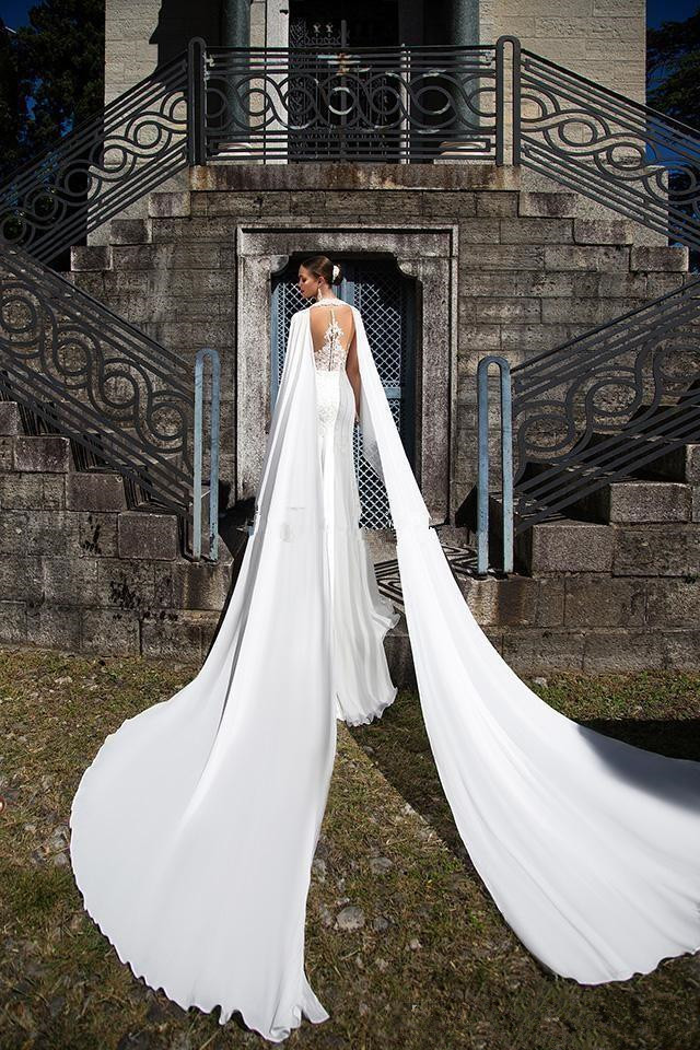 Illusion O-neck Mermaid Wedding Dresses with Long Cape Appliques Covered Button Back Castle Wedding Gown Illusion Lace Bridal Gowns