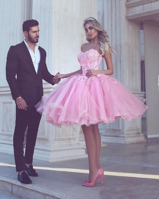 Middle East Dubai Formal Short Sexy Vestidos De Homecoming Party Gowns Beaded Sweetheart Pink Short Tulle Prom Dresses Custom