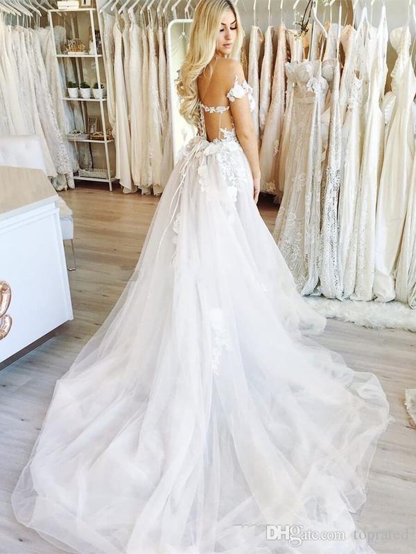 Line Sexy A Wedding Off The Shoulder Lace Appliques Tulle Floor Length Illusion Tiered Bridal Dresses Custom Made Vestidos De Noiva ppliques