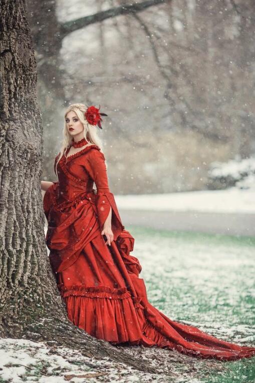 red gothic wedding dresses v neck ruffles long sleeve vintage victorian bridal dress tiered skirts satin vestidos de novia