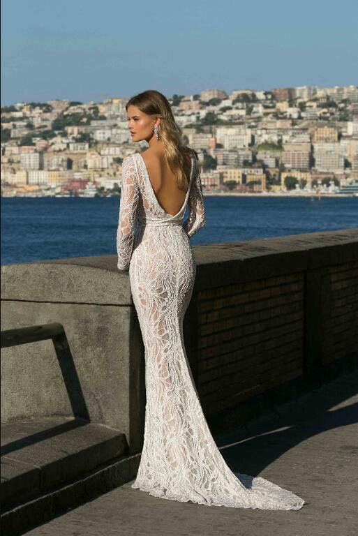 2020 Berta Mermaid Wedding Dresses Deep V Neck Lace Appliques Vestidos De Novia Backless Custom Made Long Sleeve Country Wedding Dress