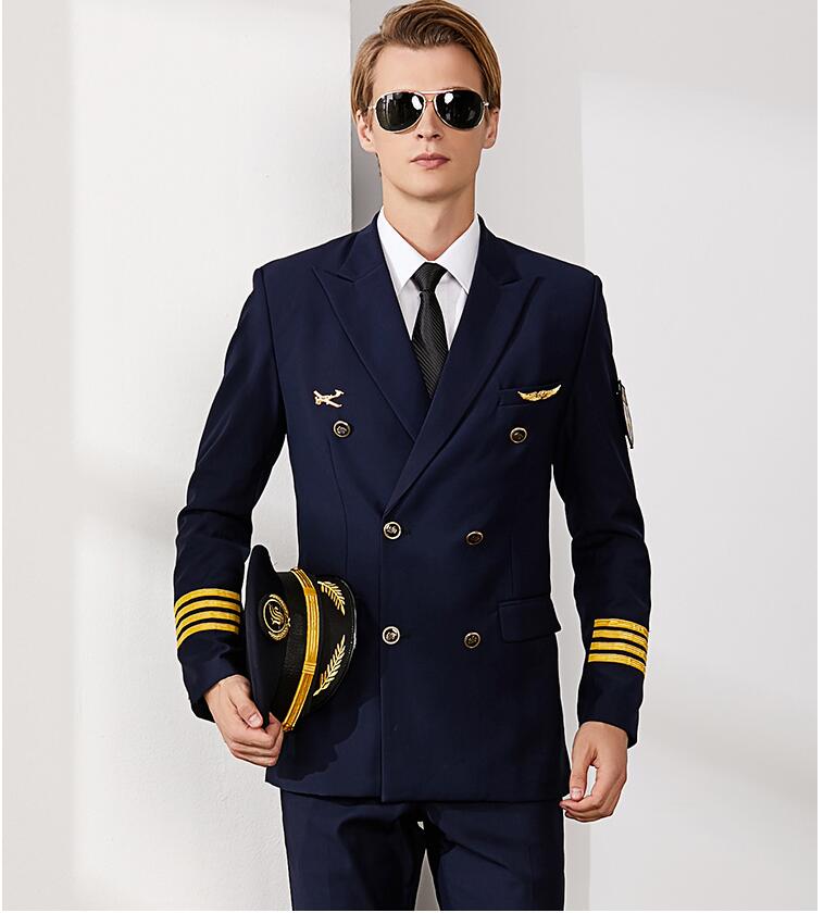 Air Captain Uniform Male Pilot Airline Uniform Coat Professional Suits Hat + Jacket + Pants aviation Property Workwear Flight Clothing