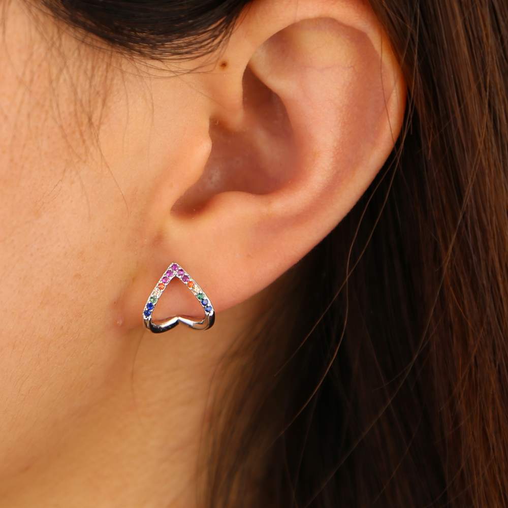 2024 valentine's gift heart stud earring micro pave rainbow colorful cubic zirconia fashion hollow heart design jewelry