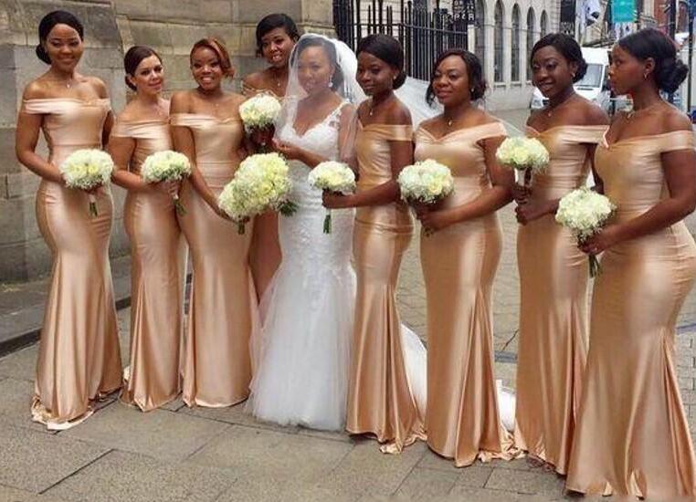 2020 Gold Floor Length Sleeveless Sexy Black Girl Wedding Guest Prom Dress Custom African Off The Shoulder Beach Mermaid Bridesmaids Dresses