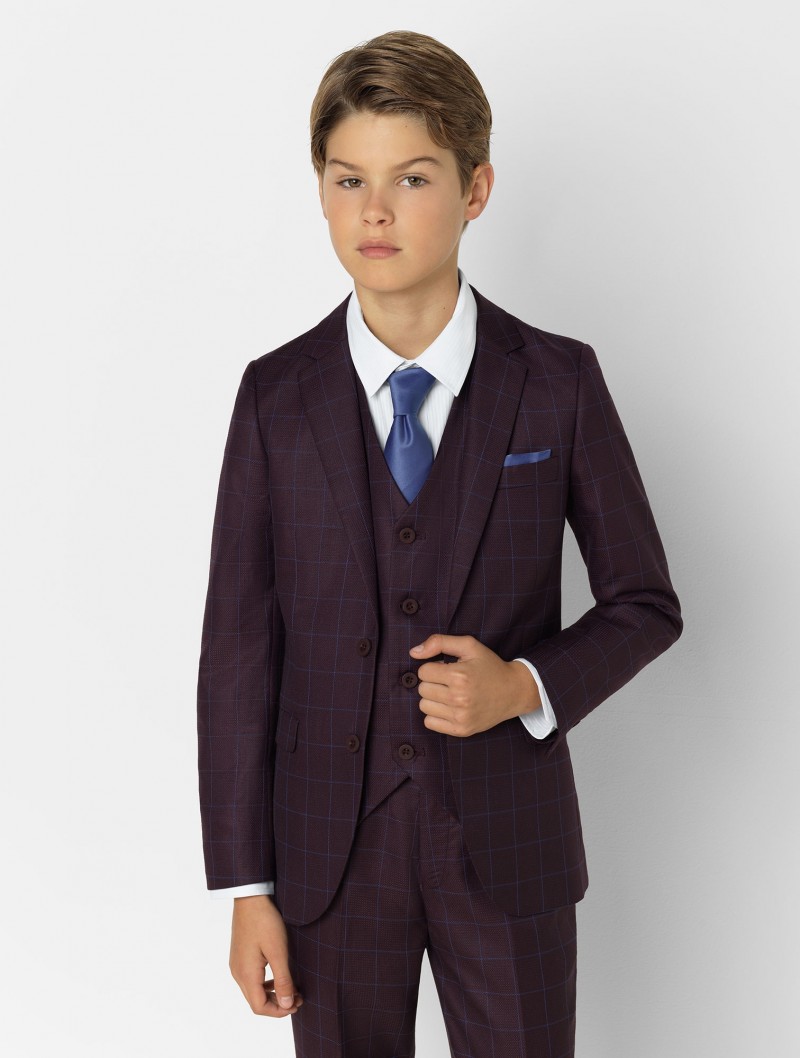 Boys Burgundy Check Suit Dinner Suits Boys Suits Tuxedo for Kids Great Quality Formal Occasion Suits For Little Men Three Pieces Fantastic