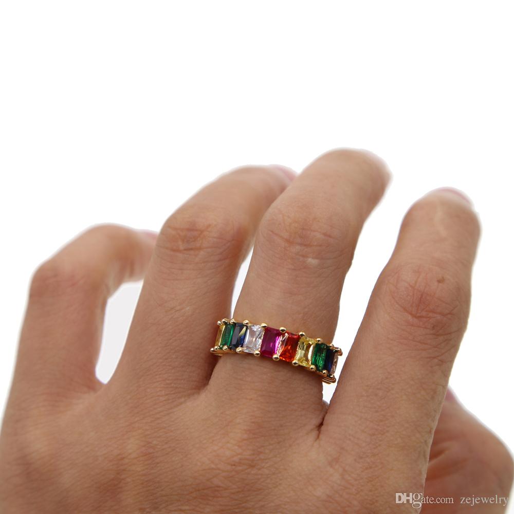 New women rainbow color engagement band rings for women Luxury gorgeous european lady jewelry paved full cz eternity bands ring