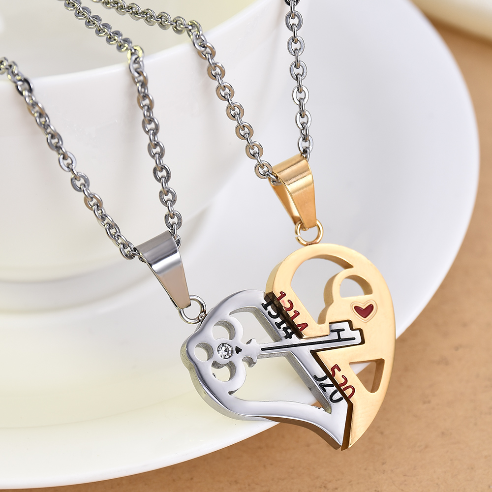 2019 New Fashion 2pcs His and Hers Stainless Steel Love Heart Lock & Key Couple Pendant Necklace stainless steel jewelry