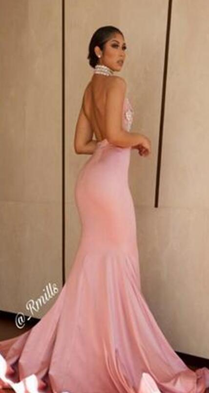 African Prom Dresses Sexy Backless Pink Formal Evening Dresses Lace High Collar Mermaid Party Gowns Black Girls Party Dresses