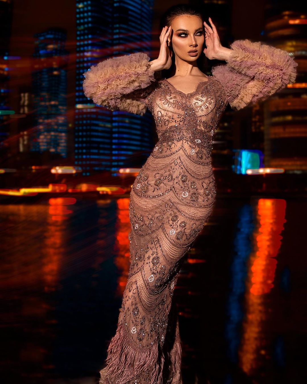 Dresses Elegant Prom V Neck Long Sleeve Mermaid Evening Gowns Custom Made Lace Appliques Beads Sweep Train Special Ocn Dress 0218