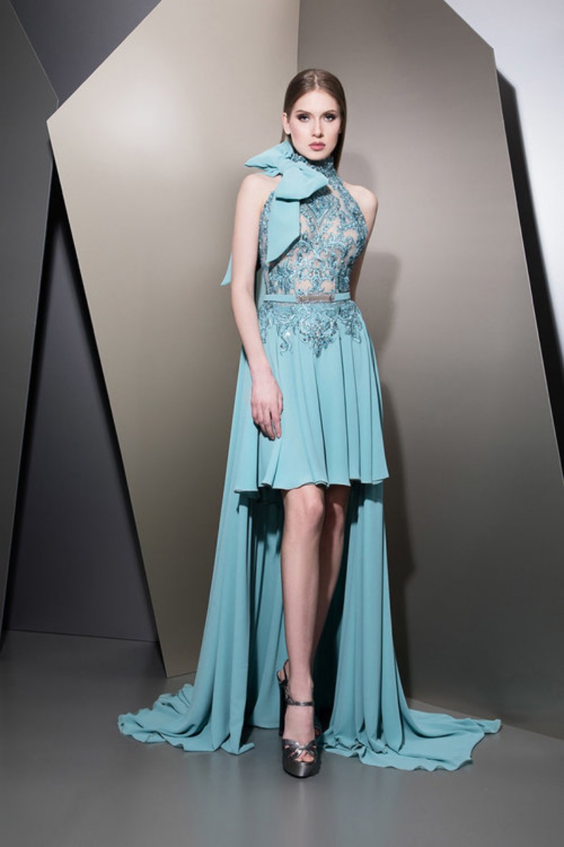2019 Ziad Naked prom dresses with bowtie high neck lace Prom Dresses Floor Length Chiffon Party Evening Gowns Custom