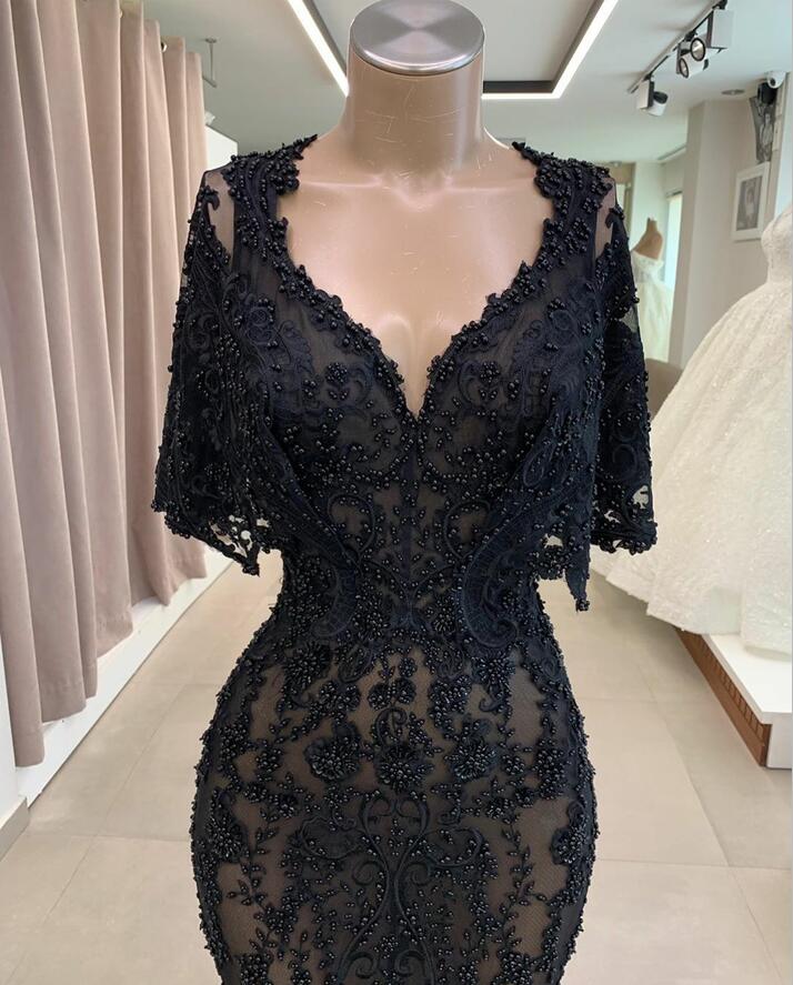 gorgeous black mermaid party dresses vneck applique lace beaded evening dress sweep train custom made formal women gown hot sell