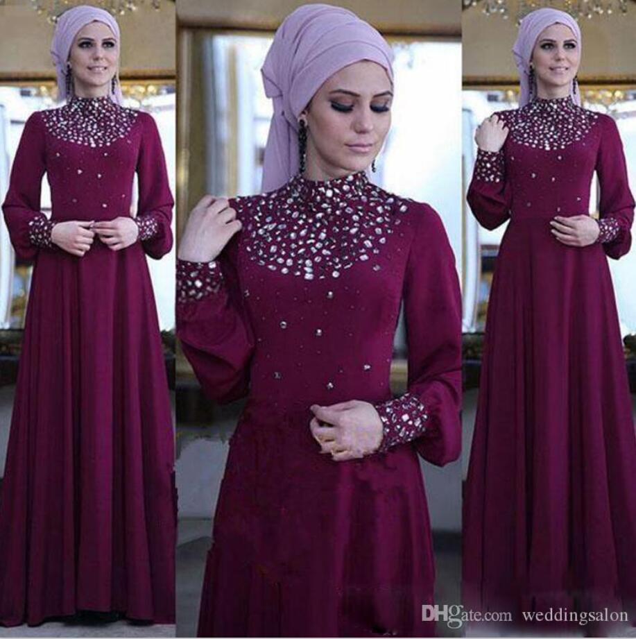 Purple A Line Muslim Evening Dresses 2019 High Neck Long Sleeve Crystal Chiffon Formal Prom Dress Floor Length Party Gowns