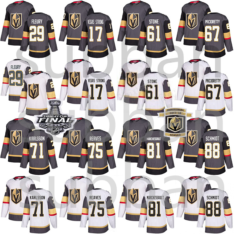 Vegas Golden Knights Jersey 29 Marc-Andre Fleury 61 Mark Ston 75 Ryan Reaves 71 William Karlsson 88 Nate Schmidt Hockey jerseys, Grey
Vegas Golden Knights Jersey 29 Marc-Andre Fleury 61 Mark Ston 75 Ryan Reaves 71 William Karlsson 88 Nate Schmidt Hockey jerseys, Grey