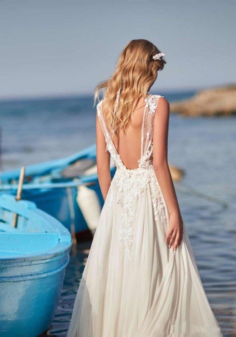 Simple Bohemian Beach Wedding Dresses 2020 Backless V Neck Lace Appliques Floor Length Customize Bridal Gowns Plus Size