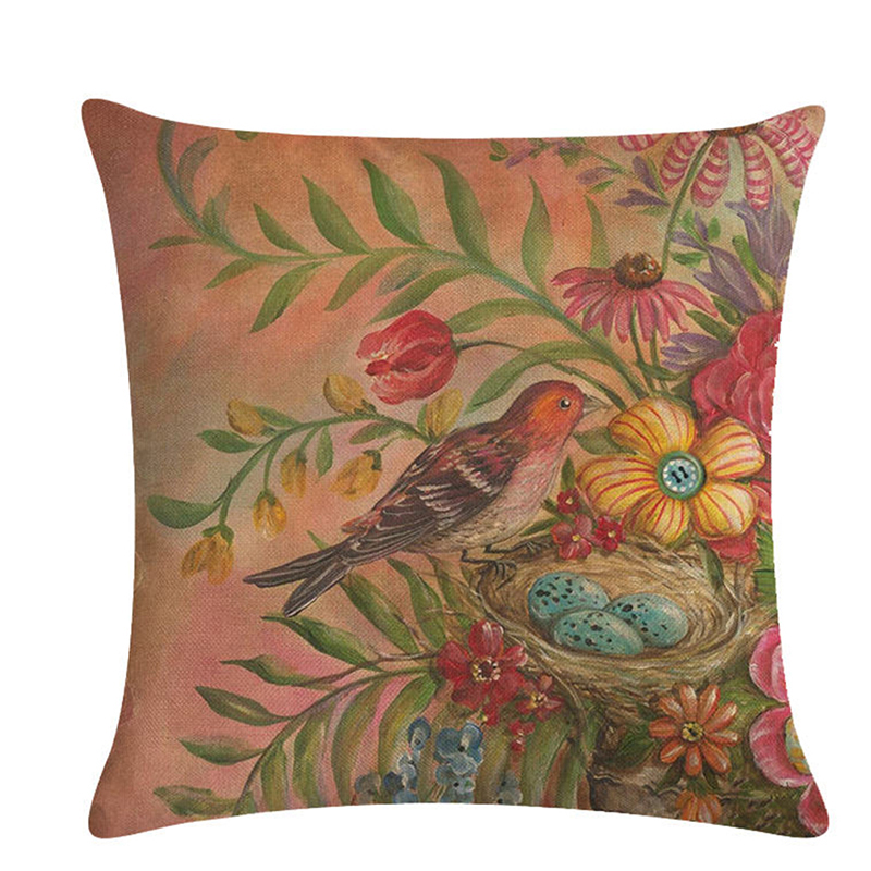 Nordic Style Vintage Flowers And Birds Decorative Cushion Covers 45*45cm Linen Throw Pillow Cover For Sofa Couch Chair Seat Bed