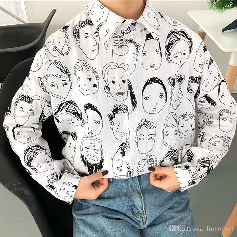 2020 Women's Black and White Patterned Blouse Single Breasted Blouse Casual Long Sleeve Shirt Female Cartoon Cotton Tops