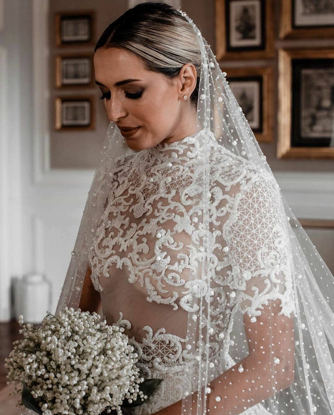 High Collar Lace Dresses Ruffles Long Train Short Sleeves Country Wedding Gowns Buttons Back Beaded Robe De Mariee