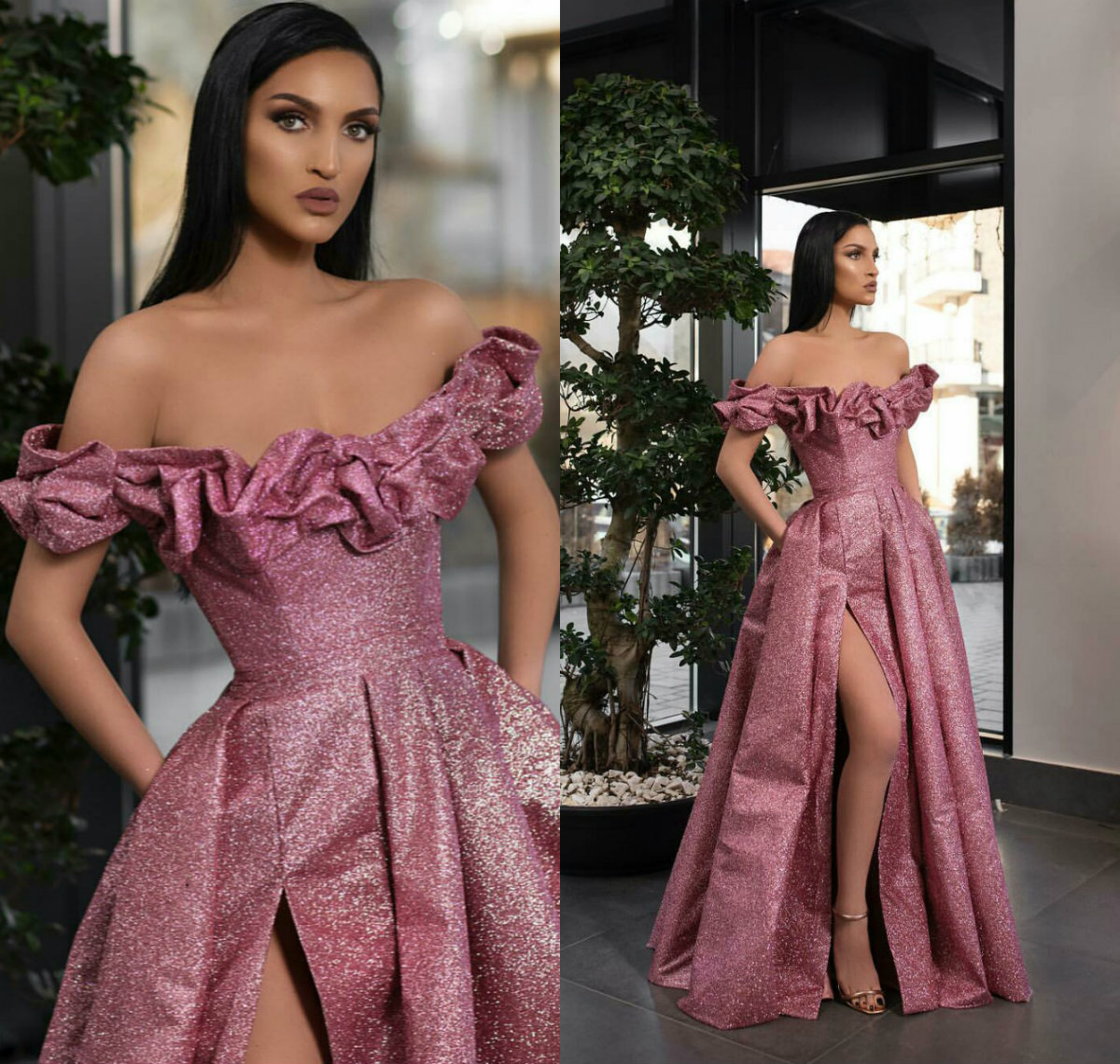 2019 Elegant Beading Split Evening Dresses Rami Salamoun Glitter Off The Shoulder A Line Long Prom Dress Sweep Train Cheap Formal Gowns